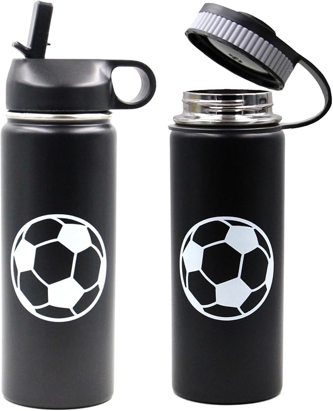 18 oz Soccer Water Bottle with Straw, Sports Flask Metal Travel Tumbler with 2 Lids, BPA Free Stainless Steel Double Wall Vacuum Insulated Leak Proof Thermo Water Bottles, Soccer Gifts for Boys Girls - Bloomnest