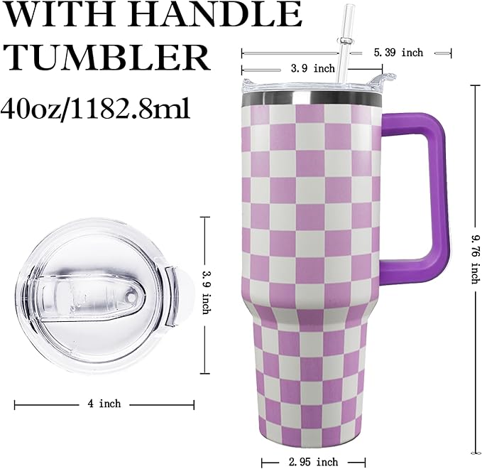 Ceovfoi 40 Oz Checkered Tumbler with Handle Lid and Straw, Purple Checkered Tumbler Water Bottle Travel Coffee Cup Mug,Checkered Gifts for Women - Bloomnest