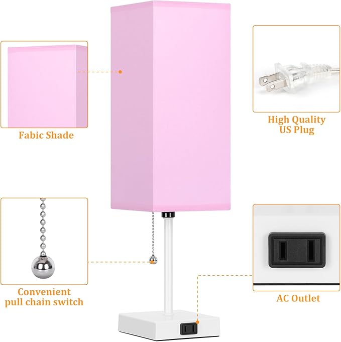 18'' Table Lamp for Bedroom set of 2,3-Color Bedside Lamps with Pull Chain Table Lamps for Night stands ,Small Night Light Lamps with 2 Bulbs Lamps for Living Room Kids Room Office Decor（Pink+White） - Bloomnest