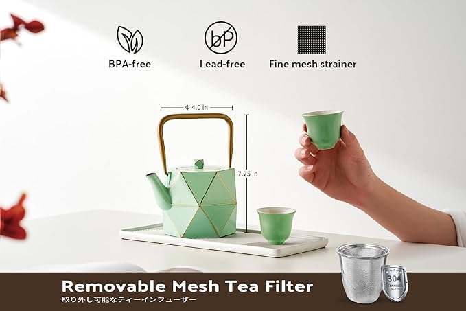 Toptier Cast Iron Teapot, Stovetop Safe Japanese Cast Iron Tea Kettle, Diamond Design Tea Pot with Removable Infuser for Loose Tea, 30 Ounce (900 ml), Light Green - Bloomnest