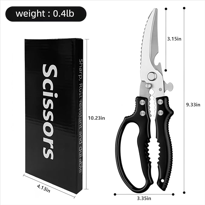 Kitchen Scissors Stainless Steel Shear, Safety Lock, Sharp Heavy Duty Poultry Shears for Food, Chicken Bones, Turkey, Dishwasher Safe, 9.33 Inch, Black - Bloomnest