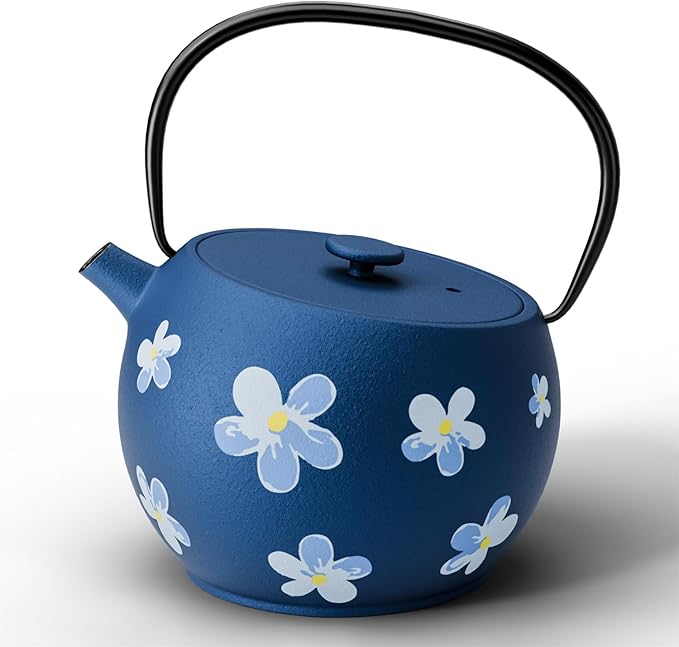 Toptier Teapot with Removable Infuser, Cast Iron Tea Kettle Stovetop Safe, Solid Geometry Ball Design Tea Pot Coated with Enameled Interior for 32 Ounce (950 ml), Navy Flower - Bloomnest