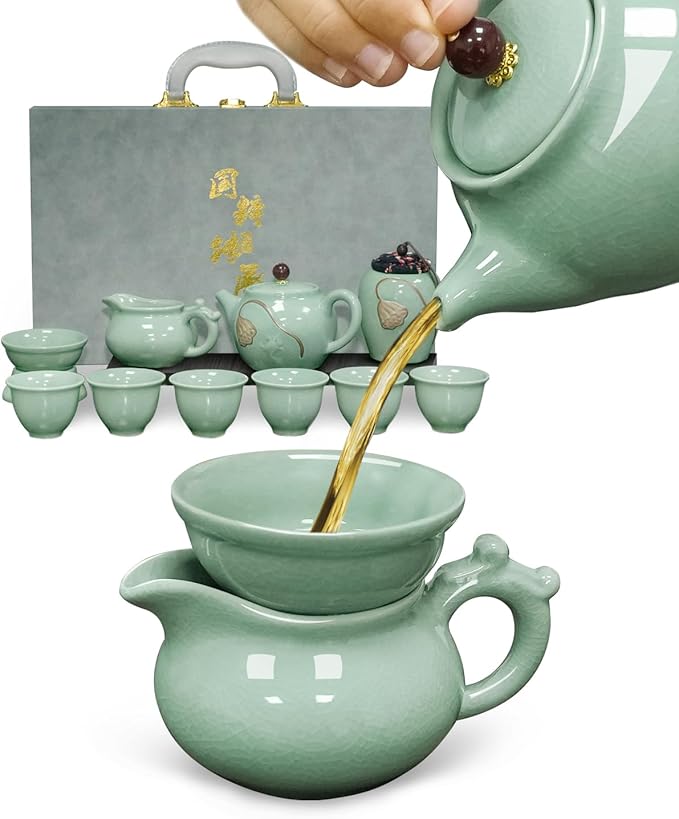 Traditional Chinese Tea Sets for Adults, Gongfu Teapot and Cups with Green Crackle Glaze, Lead-Free Ge Yao Porcelain Tea Set for Tea Party Ceremony Zen Meditation with Portable Gift Box - Bloomnest