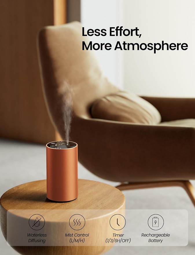 Waterless Essential Oil Diffuser, Rechargeable Scent Diffusers with 3 Mist Levels & Timers, Portable Aromatherapy Diffuser for Home Car Room Studio Office, Cosmic Orange - Bloomnest