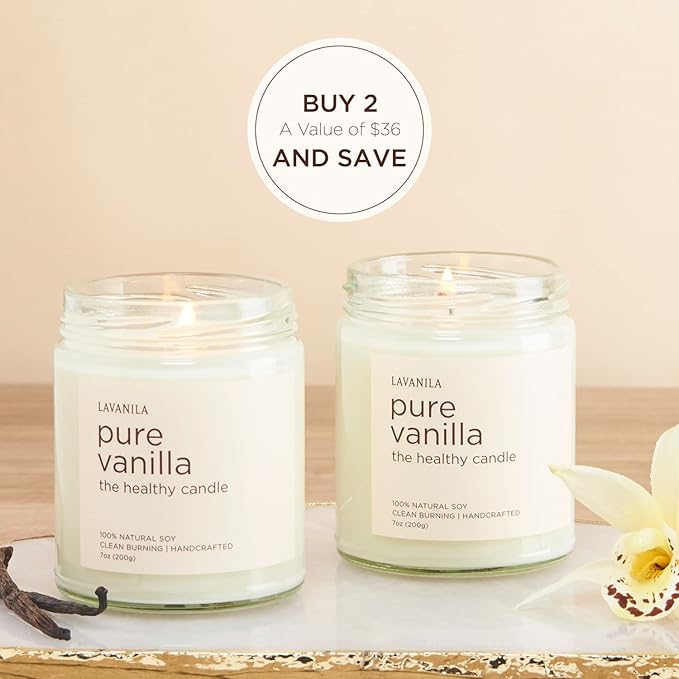 Lavanila Pure Vanilla Scented Natural Soy Candle (2-Pack) - Handcrafted, Clean Burning 50 Hour Burn Time, 7 oz Each - Bloomnest