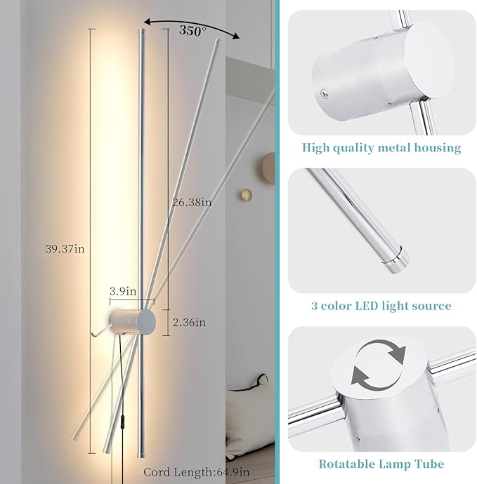 Modern Chrome Plug in Wall Sconce with Remote, Dimmable 31.5" LED Wall Sconces Set of Two with Memory Function, Adjustable Color Temperature Brightness, Timer, 350° Rotate, Hardwire or Plug-in - Bloomnest