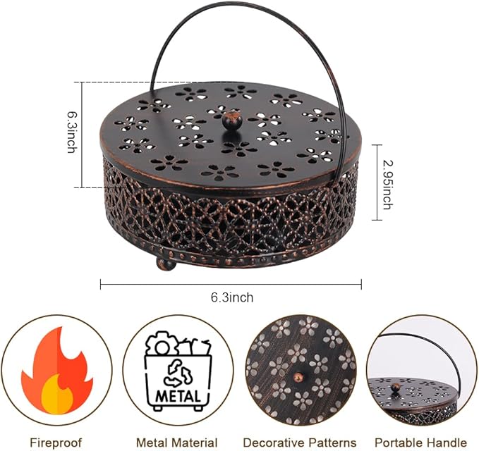 Portable Mosquito Coil Holder, hogardeck 6.3" Round Fireproof Metal Mosquito Incense Holder with Handle, Retro Hollow Incense Burner Yard Art for Garden, Lawn, Patio (Bronze, 2 Pack) - Bloomnest