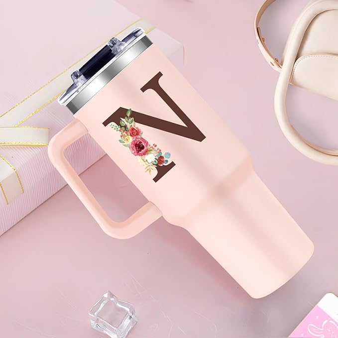 Monogrammed 40oz Tumbler with Handle for Women, Personalized Birthday Gifts for Women,Initial Cups for Woman Floral Letter N,Customized Gifts for Female Lady Gift for Mothers Day Christmas - Bloomnest