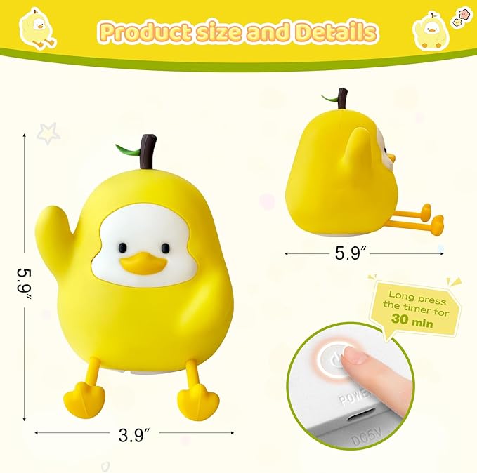 Night Light for Kids, Rechargeable Dimmable Silicone LED Nightlight with 7 Colors, Baby Nursery Night Lamp, Touch Squishy Lamp, Cute Gifts for Girls, Boys, Toddler Room Decor, Yellow Duck - Bloomnest