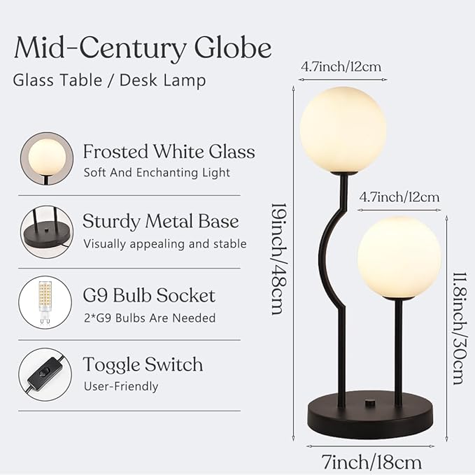 Black Mid Century Globe Table Lamp Industrial Retro 2 Lights Orb Desk Lamp with White Glass Globe Bedside Reading Light for Bedroom Living Room Study Room - Bloomnest