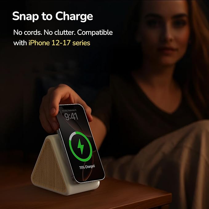 Housbay Sound Machine with Magnetic Wireless Charger for iPhone, 2-in-1 Design for Clutter-Free Nightstand, Dual-Speaker Stereo Sound for Sleeping - White Oak - Bloomnest