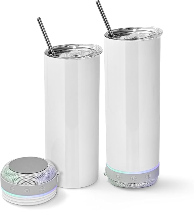 AGH 2 Pack Music Speaker Tumbler with Straw and Lid, 20 Oz Skinny Stainless Steel Double Wall Cup, Speaker Cup with Detachable LED Light, Suitable for DIY Gifts (Gray) - Bloomnest