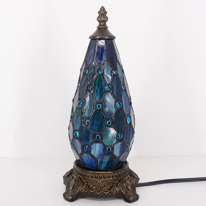 Small Tiffany Lamp Stained Glass Table Lamp 5.5X11 Inch Christmas Tree Lighthouse Mini Accent Memory Sympathy Antique Night Light for Bedroom Living Room (Blue Pearl)