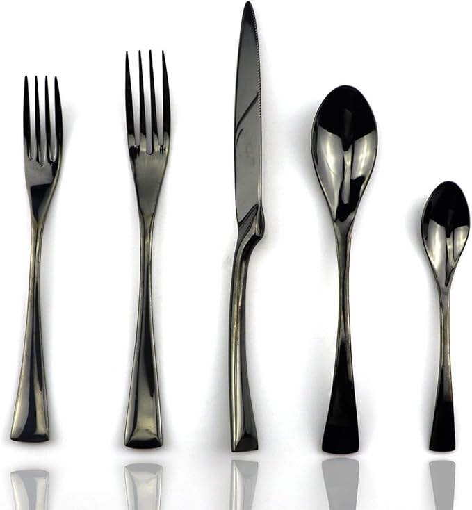 JASHII 18/10 Stainless Steel 20 Piece Mirror Polished Black Flatware Set,Dinner Knife Fork Salad Fork Dessert Spoon Coffee Spoon，Service for 4 ，Black Utensil Sets - Bloomnest