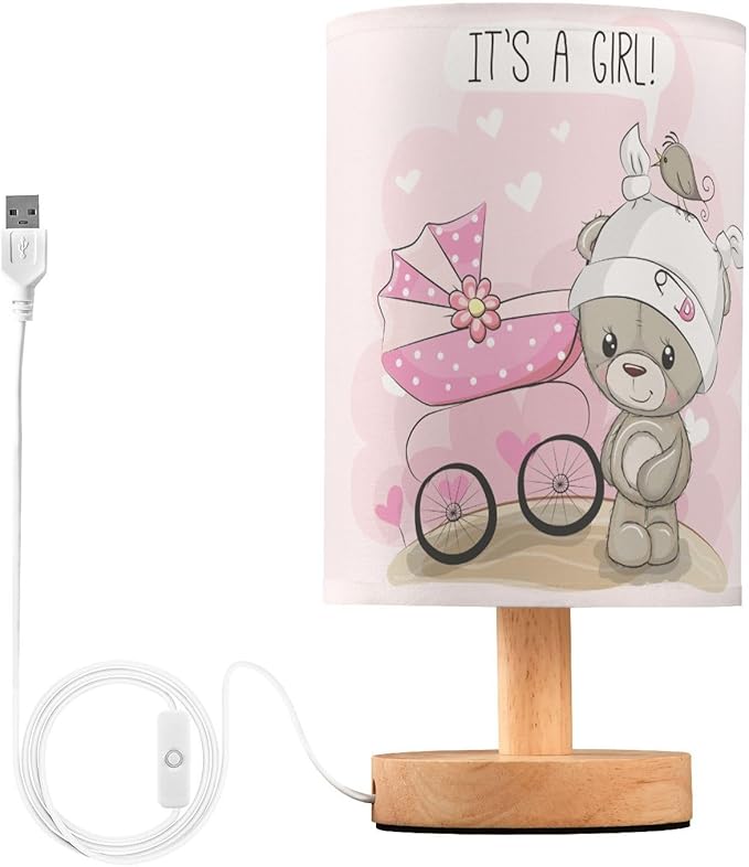 Table Lamp Teddy Bear with Pink Baby Carriage Heart Quote It's A Girl Nightstand Lamp with Wood Base Fabric Lamp Shade Bedside Desk Lamp for Living Room Bedroom Kids Room Office - Bloomnest