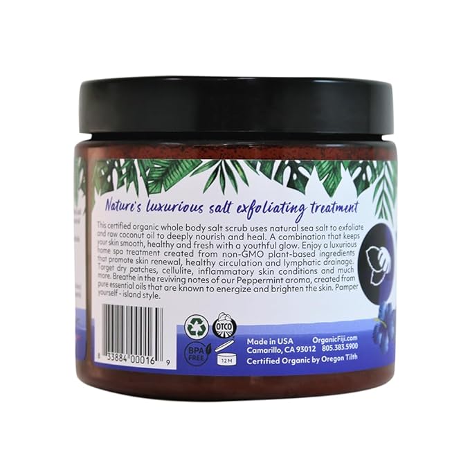 Organic Fiji Whole Body Scrub - Infused with Coconut Oil, Exfoliating Sea salt Scrub for Smooth and Soft Skin, Exfoliates & Restores Skin's Natural Biosphere, Peppermint 20 oz