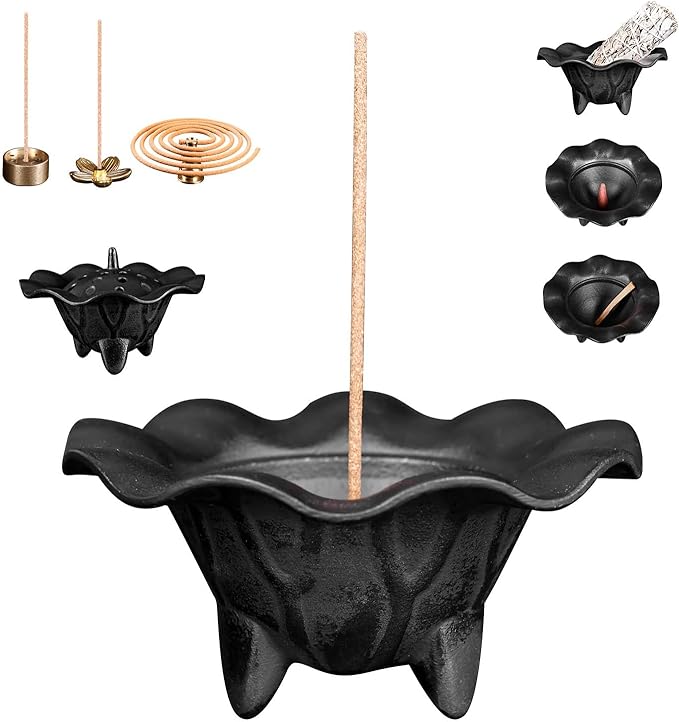 AIMITOFO Cast Iron Incense Burner - 4 in 1 Incense Burner Holder Set - Lotus Leaf Shape Ash Catcher with Lid for Ritual Purpose, Decor, Etc... - Bloomnest