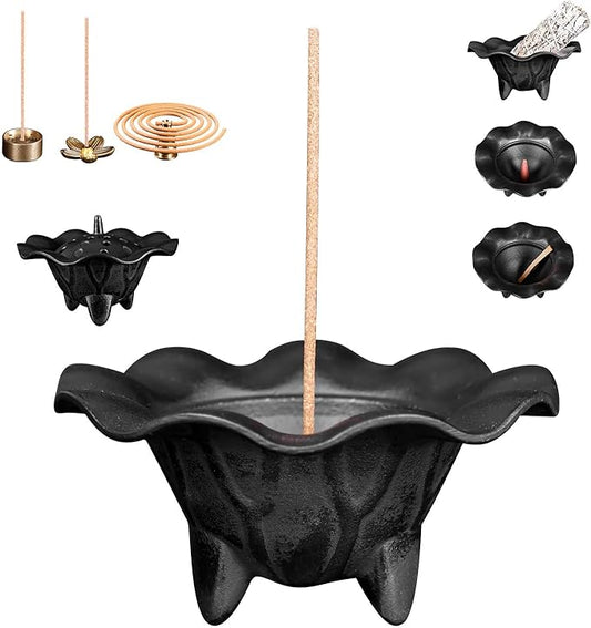 AIMITOFO Cast Iron Incense Burner - 4 in 1 Incense Burner Holder Set - Lotus Leaf Shape Ash Catcher with Lid for Ritual Purpose, Decor, Etc... - Bloomnest
