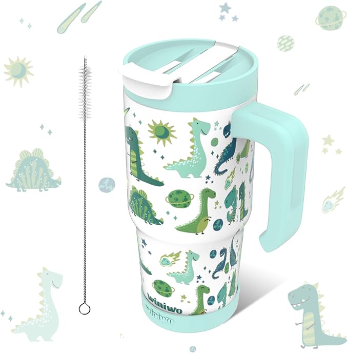 22 oz Tumbler with Handle for Kids, Easy to Hold, Spill-proof, Insulated Cups with Sip/Swig 2-in-1 Lid, Fit Most Car Cup Holders,School, Home,travel,Green Dinosaur - Bloomnest