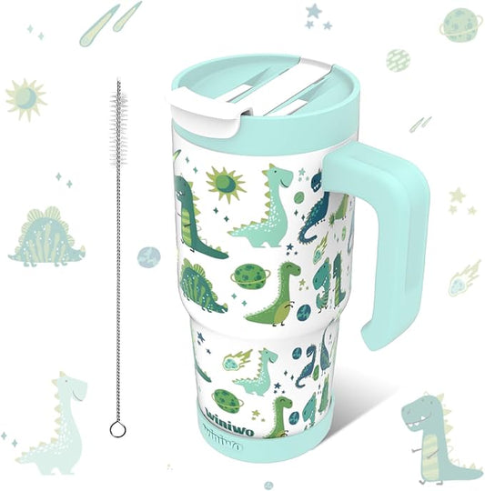 22 oz Tumbler with Handle for Kids, Easy to Hold, Spill-proof, Insulated Cups with Sip/Swig 2-in-1 Lid, Fit Most Car Cup Holders,School, Home,travel,Green Dinosaur - Bloomnest