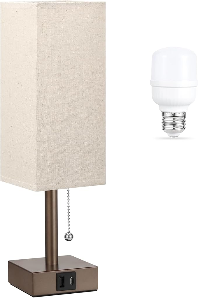 aooshine Beige Small Table Lamp for Bedroom - 3 Color Temperature 3000K 5000K 4000K Bedside Lamp, Pull Chain Control, USB A and C Ports, Brown Base, Bulb Included - Bloomnest