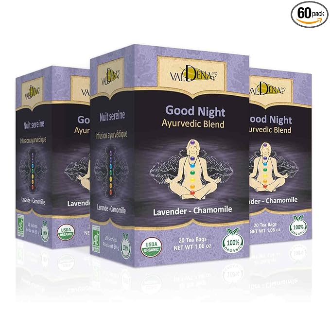 Valdena Bio Ayurvedic Lavender Chamomile Herbal Tea 20 Individually Wrapped Tea Bags (Pack of 3) Organic Caffeine Free Lavender Chamomile Blend USDA Organic Tea Calming Relaxing Sleep Support Herbal Infusion - Bloomnest