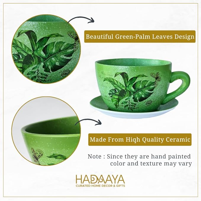 7.5" Ceramic Teacup Planter Pot with Saucer | Ideal for Succulents, Orchids, Herbs & Flowers | Indoor & Outdoor Use Green - Palm Leaves - Bloomnest