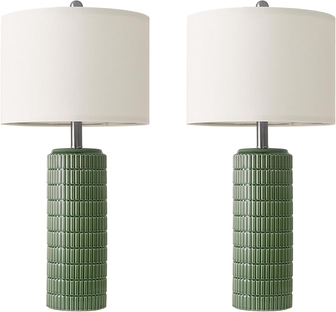 PoKat 27.5" Dark Green Ceramic Table Lamps for Living Room, Farmhouse Table Lamps Set of 2 for Bedroom Night Stands, Modern Bedside Lamps for End Side Table, Vintage Nightstand Decor Lamps Home Office - Bloomnest