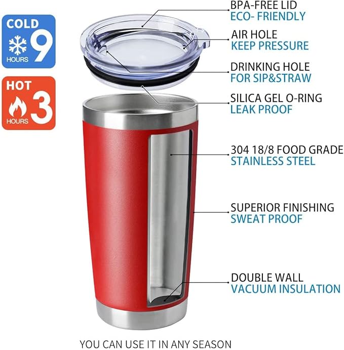 HASLE OUTFITTERS 20oz Tumblers Stainless Steel Mugs with Lid Double Wall Vacuum Insulated Coffee Cups for Cold & Hot Drinks (20oz-Red, 8 Pack) - Bloomnest