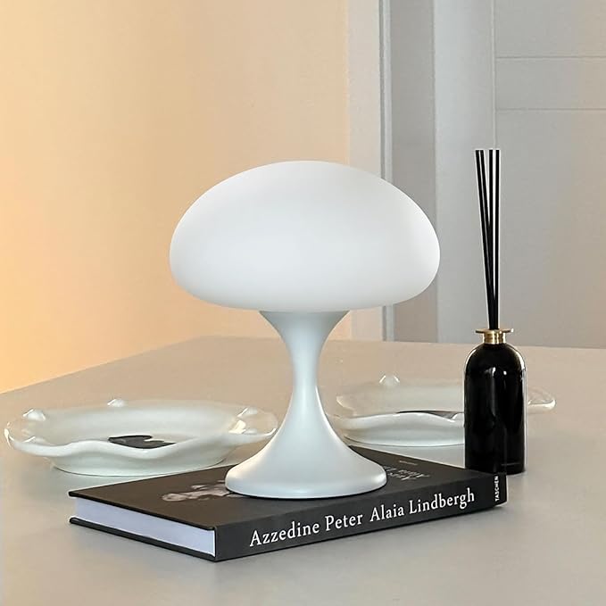 Mushroom Lamp, 5W LED Cordless Rechargeable Table Lamp with Glass Shade, Small Retro Dimmable Touch Light with 3 Color Temps, Aesthetic Mid Century Bedside Light for Bedroom Ambient, White - Bloomnest
