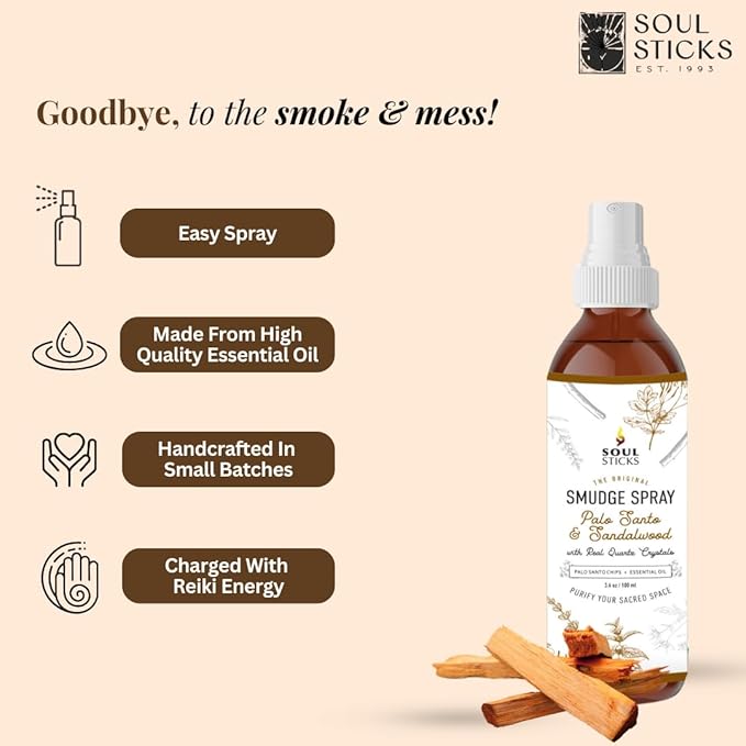 SOUL STICKS Palo Santo & Sandalwood Smudge Spray For Cleansing and Negative Energy | 3.5oz Palo Santo Spray with Real Quartz Crystals | Sage Room Spray for Spiritual Cleansing and Purifying Home Car SoulSticks