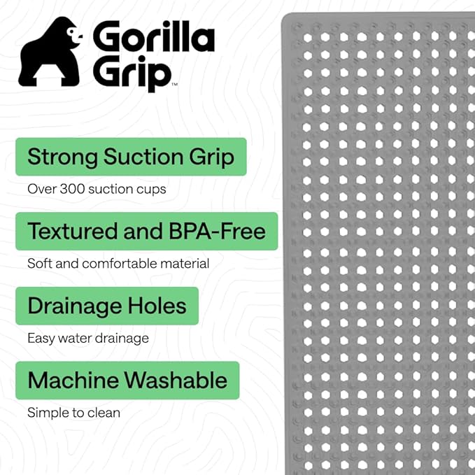 GORILLA GRIP Patented Bath Tub Shower Mat, Machine Washable Bathtub Floor Liner Mats, Suction Cups and Drain Holes to Keep Tubs Clean, Soft on Feet, Bathroom Essentials, 35x16 Inch, Gray Opaque - Bloomnest