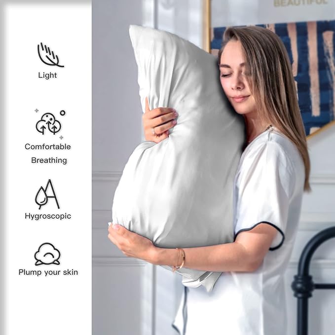 Silk Pillow Cases 2 Pack,Soft Breathable and Sliky Queen Size Pillow Cases Set of 2,Natural Mulberry Silk Pillowcase Set of 2 for Hair and Skin with Hidden Zipper (Silver Grey,20"X 30",2pcs) - Bloomnest