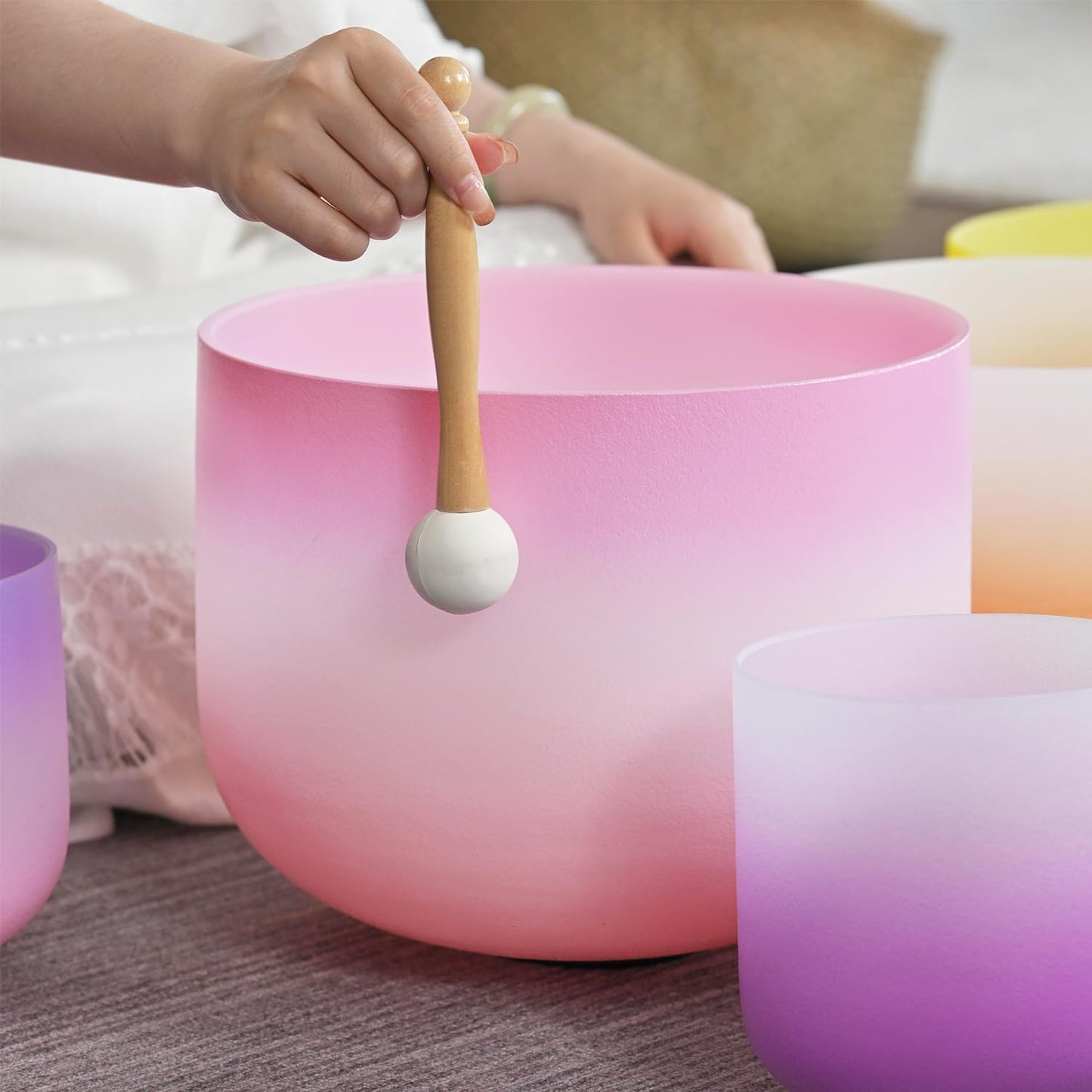 440HZ 6"-12" Set of 7 PCS Frosted Quartz Color Crystal Singing Bowl Set Sound Healing with Sound Bowl Mallet Suede Stick Heavy Duty Carry Cases