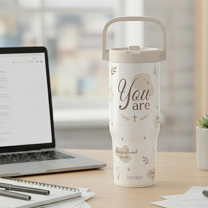 SANDJEST Christian Stainless Steel Straw Lid Tumbler 30oz with Carry Handle for Women Girls, You Are Insulated Travel Coffee Cup, Gift for Sports Outdoor Workout Christmas Birthday - Bloomnest