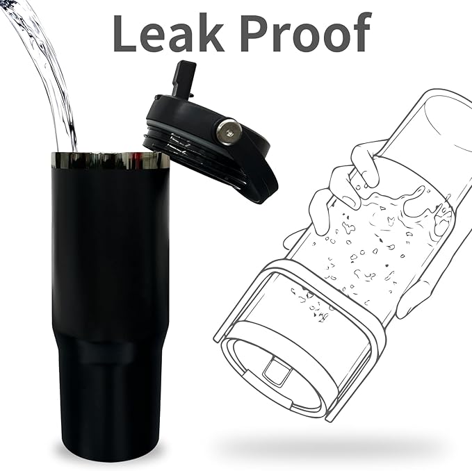 30 oz Tumbler with Handle, Double Wall Vacuum Insulated Tumblers with Flip Straw, Coffee Mug 30oz Powder Coated Cup for Hot and Cold Drinks(Black Plated, Black,1 pack)