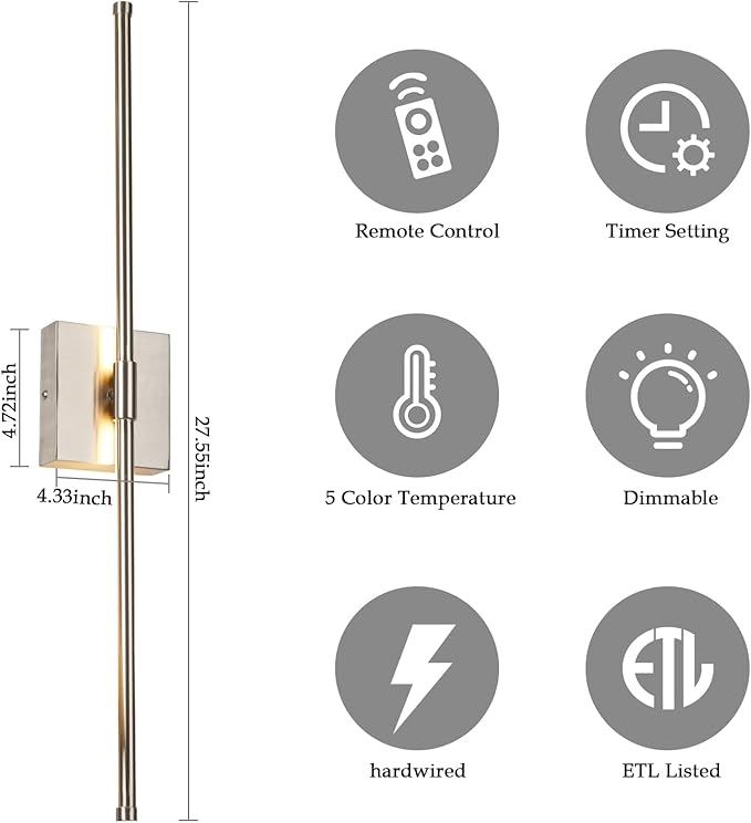 LED Wall Sconces with Remote Control, Dimmable Wall Sconces Set of 2, 5 Colors 3000K-6500K & Dimmable, Hardwire Wall Light with Timer & Night Light, LED Nickel Wall Lamps for Living Room, Bedroom - Bloomnest
