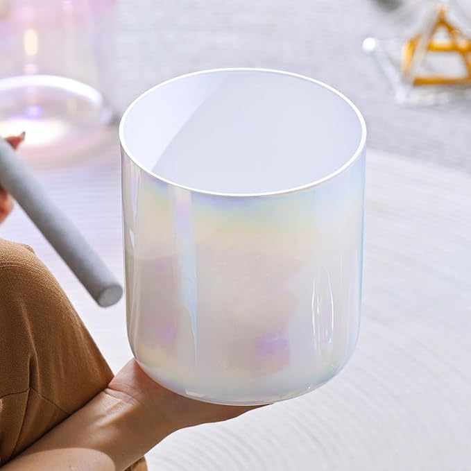 432HZ 7 inch C note Clear White Quartz Handle Crystal Singing Bowl with Mallet & O-ring - Bloomnest