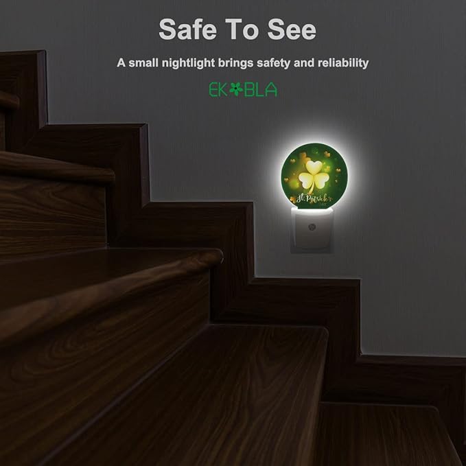 EKOBLA Happy St Patrick Night Lights Plug into Wall Glitter Golden Shamrock Leaves Plug-in Nightlights Home Auto Sensor LED Dusk to Dawn Light for Bedroom Bathroom Kitchen Corridor - Bloomnest