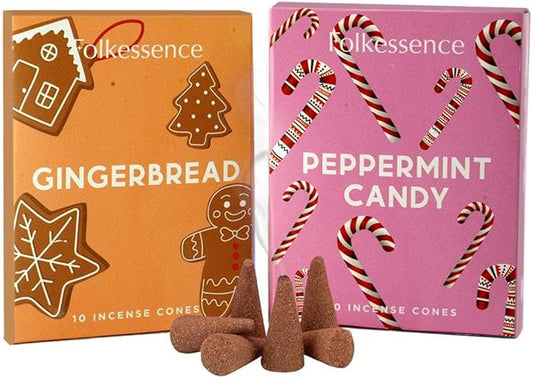 Folkulture Incense Cones for Waterfall | 20 Pc Incense Cone Scented | 2 Fragrance Cone-Insenses - Peppermint Candy & Gingerbread | Natural, Non Toxic | Christmas Inscents-Cones | Relaxing, Meditation