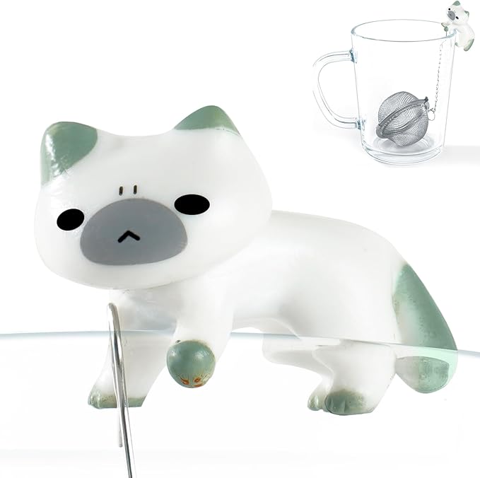 Calico Cat Tea Infuser Set - Adorable Tricolor Kitty Hook, Fine Mesh Loose Leaf Tea Steeper, Stainless Steel, No Mess, 1 Pack (Cat Lounging in Green and White)