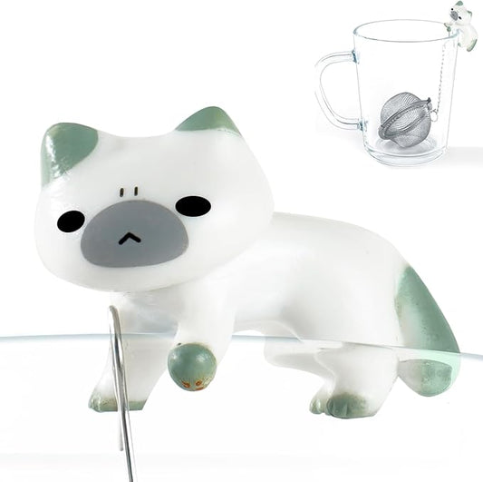 Calico Cat Tea Infuser Set - Adorable Tricolor Kitty Hook, Fine Mesh Loose Leaf Tea Steeper, Stainless Steel, No Mess, 1 Pack (Cat Lounging in Green and White)