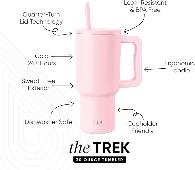 Simple Modern 30 oz Trek Tumbler with Handle and Straw Lid | Cup Holder Friendly Insulated Stainless Steel Travel Mug | Blush SimpleModern