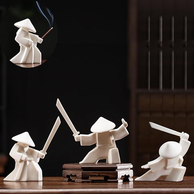 EAEMDY Samurai Figure Figurine Japanese Warrior Statue Decor for Table Room, Incense Holder for Stick Burner Incense Stick Holder, Kongfu Tea Pet Decoration (3. White A+B+C) - Bloomnest