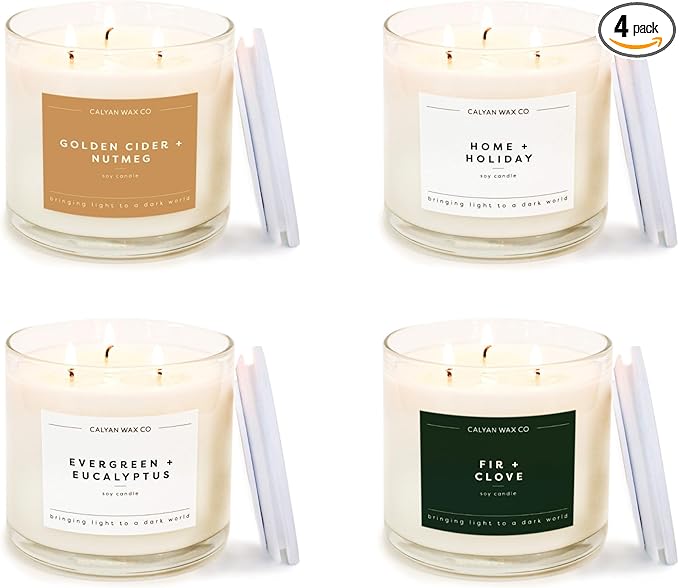 Calyan Wax Co. Holiday Scented Candle Set, Holiday Bundle of 4 Scented Candles, Bulk 3 Wick Candles, Non Toxic & Vegan Soy Wax, Candle Gift Set, 43 Hour Burn Time, 14.9oz Each - Bloomnest
