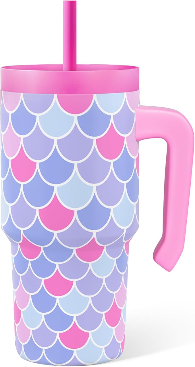 Mermaid Tumbler 20oz with Handle and Silicone Straw Lid for Kid, Insulated Stainless Steel Cup with Mermaid Scales, Gift for Kids Girls, Gifts Idea for Birthday Christmas Back to School - Bloomnest