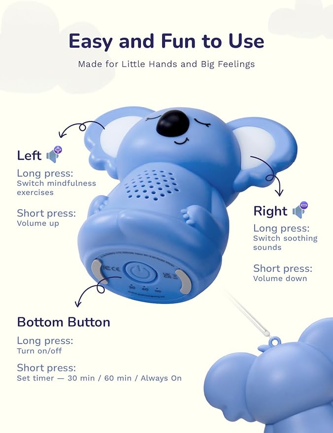 Calming Pal Koala Portable Sound Machine Baby, 5 Guided Mindfulness Rechargeable Sound Machine for Sleep Adults/Kids, 8 Soothing Sounds Mini Portable Sound Machine for Travel/Home/School - Bloomnest