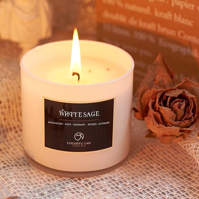 Chloefu LAN White Sage Candle for House Energy Cleansing and Chakra Healing-Relaxing Soy Scented Candles Gift for Women 7.1oz|45 Hour Long Lasting Glass Jar Candle Stress Relief - Bloomnest