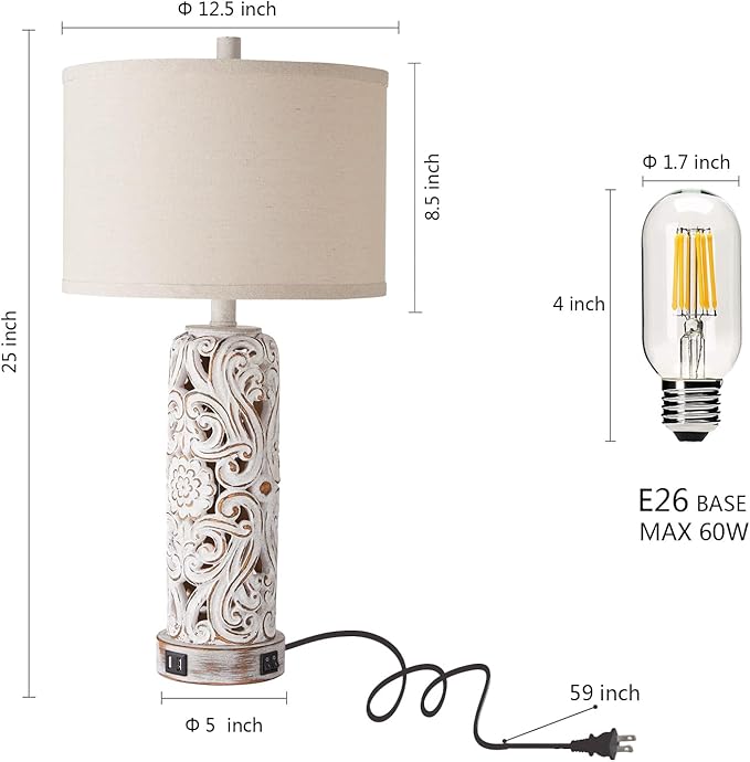 Set of 2 Rustic Farmhouse Table Lamps for Living Room Bedroom, Vintage Bedside Lamp with Dual USB Port, Antique White Resin Retro Nightstand Lamps with Night Light - Bloomnest