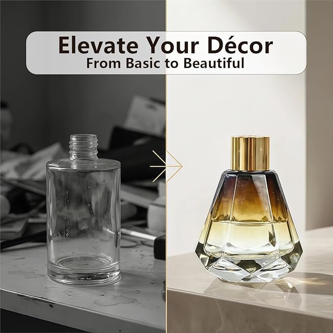 2Pcs 60ml/2oz Empty Refillable Amber Diamond Shape Glass Diffuser Bottle with Gold Lid Essential Incense Oil Diffuser Jars Fragrance Scent Diffuser for Home Office Shelf Decor Bloomnest